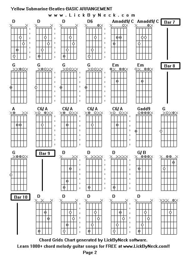 Chord Grids Chart of chord melody fingerstyle guitar song-Yellow Submarine-Beatles-BASIC ARRANGEMENT,generated by LickByNeck software.